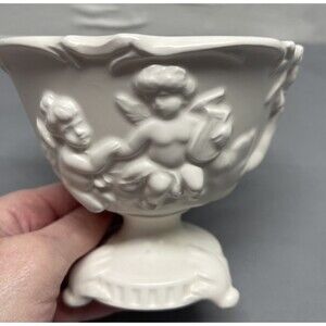 Vintage Renaissance Angel Cherub Baby Enesco White Pedestal Dish Vase Planter